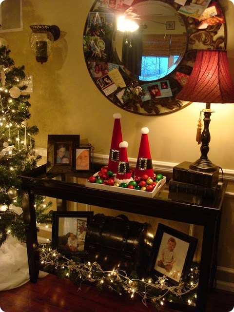 Santa hats in tray on table